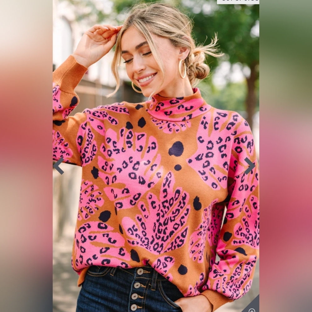 Fate Dance Around It Camel Brown Mixed Print‎ Sweater Size M  #591